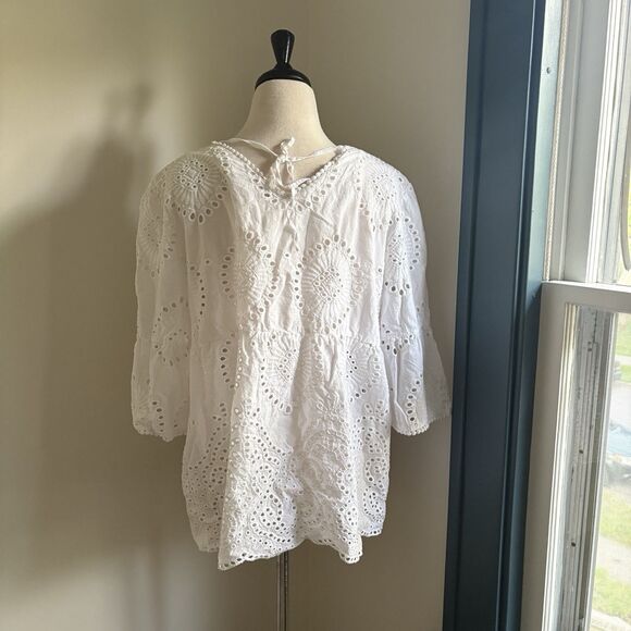 Charlie B Eyelet Peplum Top Women's‎ XL White Babydoll Peasant Cotton lace Boho - Picture 2 of 12